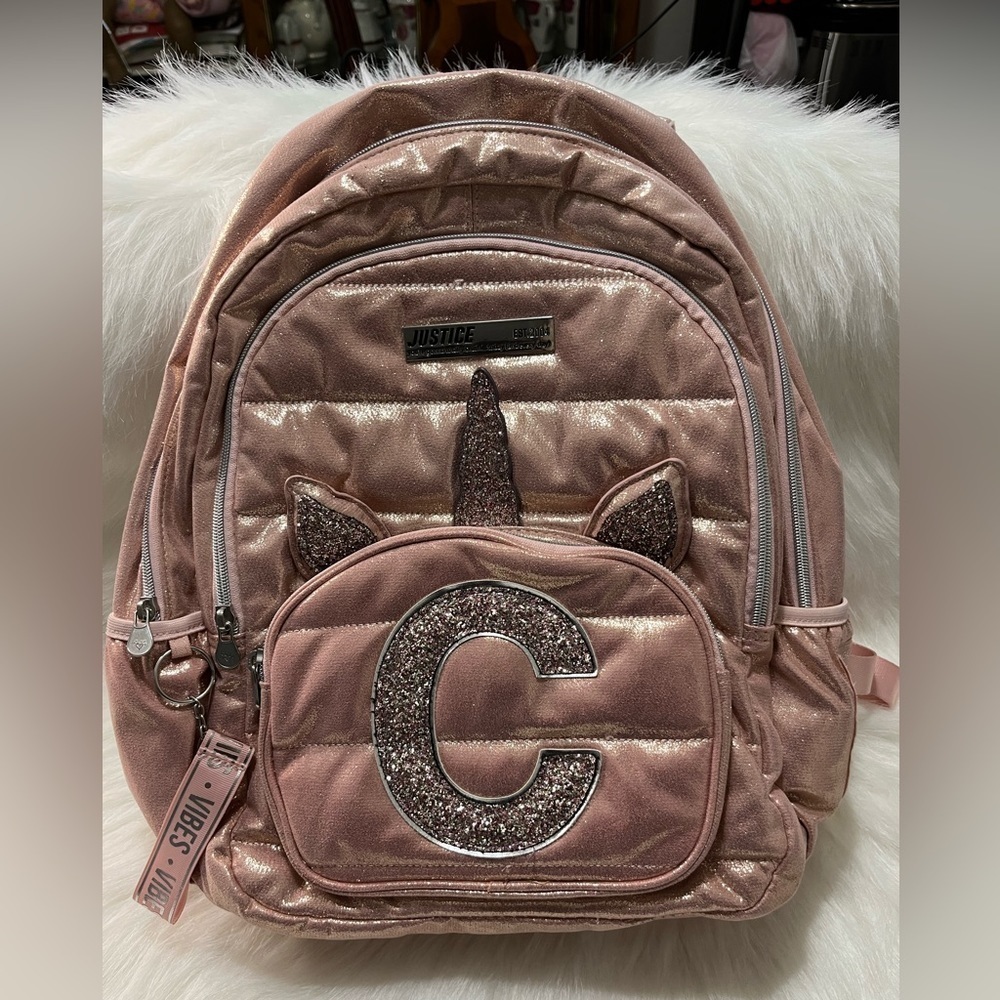 Justice Rose Gold Quilted Unicorn Initial “C” Backpack .